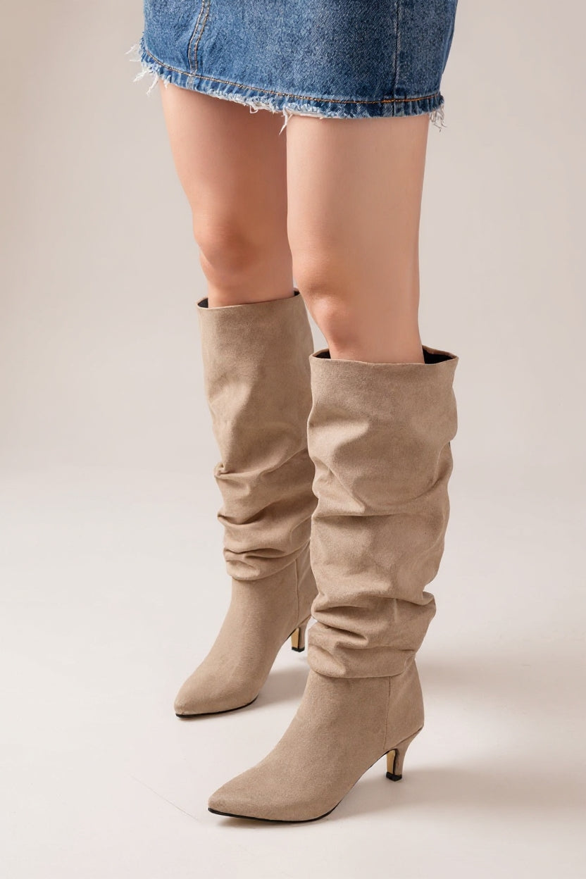 Aybin Bej Süet Körüklü İnce Topuklu Kadın Çizme