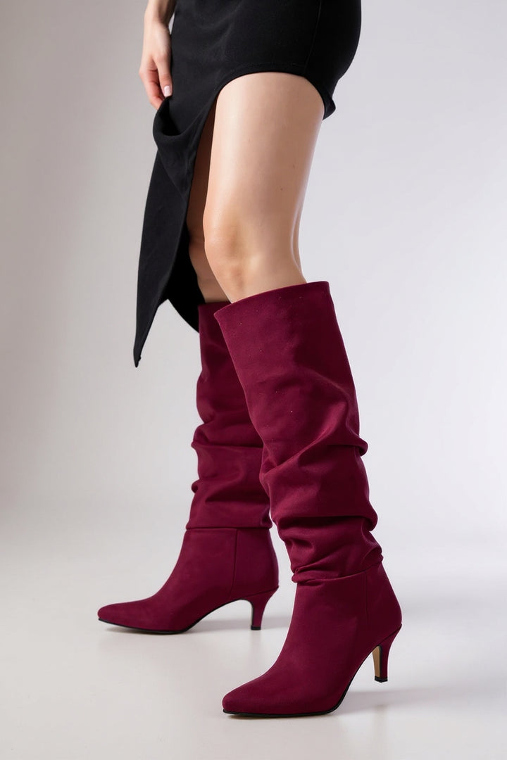 Aybin Bordo Süet Körüklü İnce Topuklu Kadın Çizme