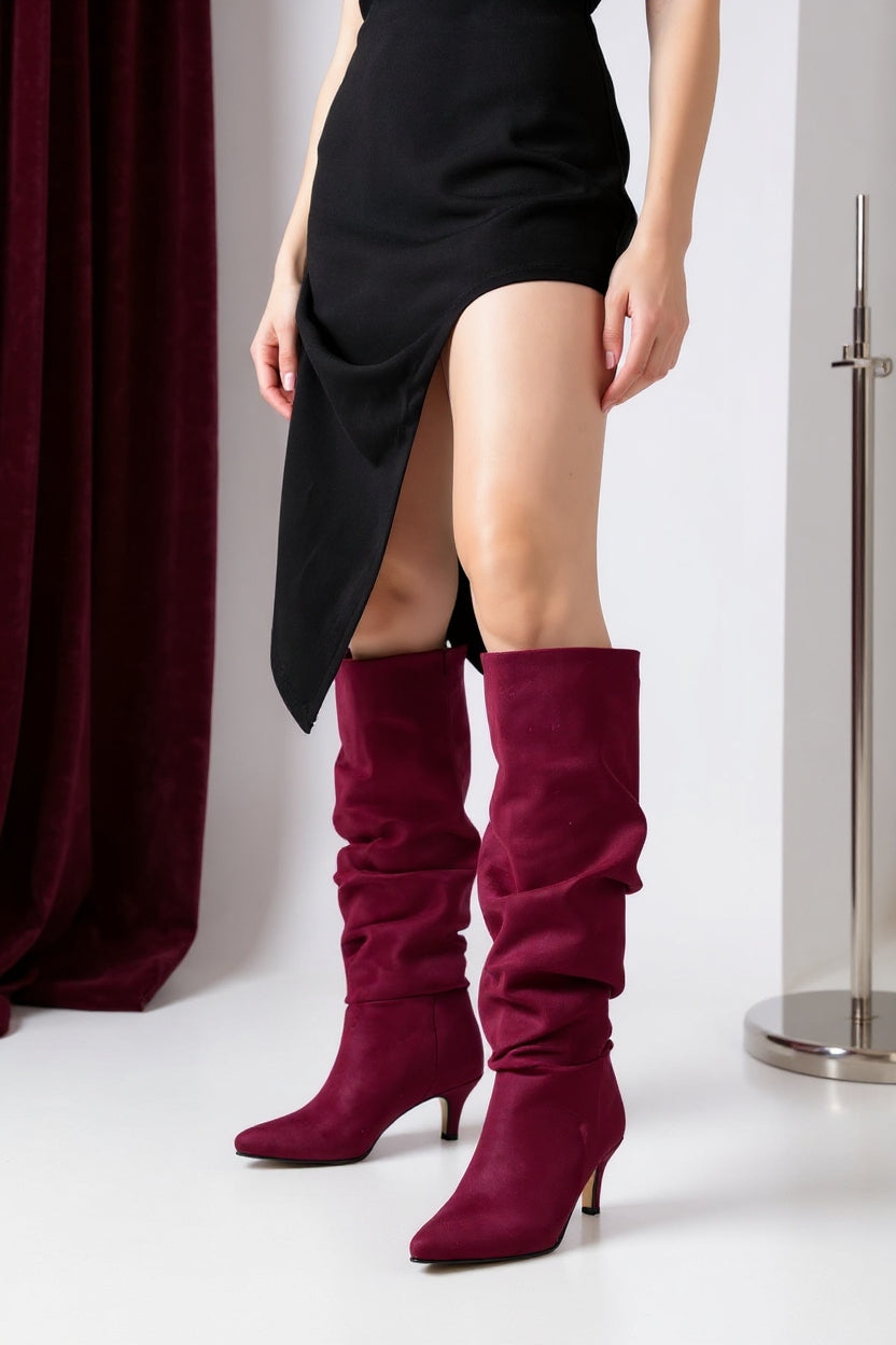 Aybin Bordo Süet Körüklü İnce Topuklu Kadın Çizme