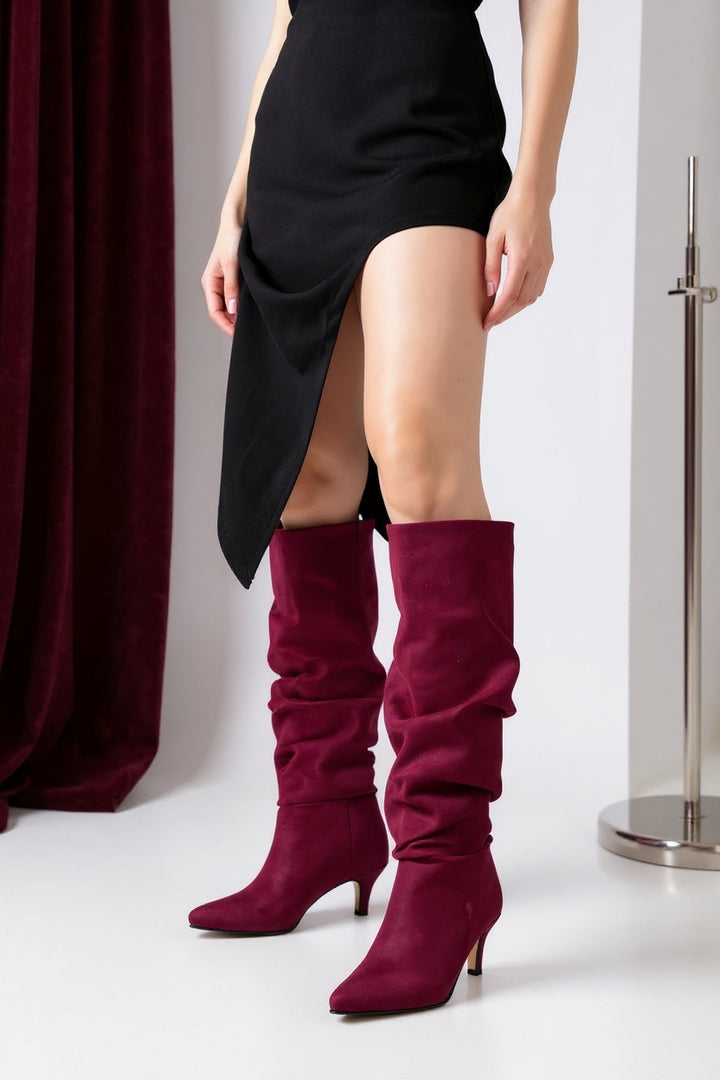 Aybin Bordo Süet Körüklü İnce Topuklu Kadın Çizme