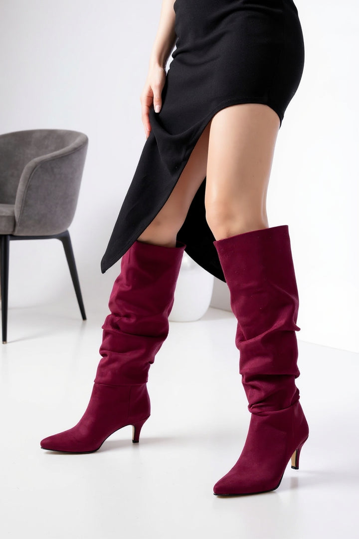 Aybin Bordo Süet Körüklü İnce Topuklu Kadın Çizme