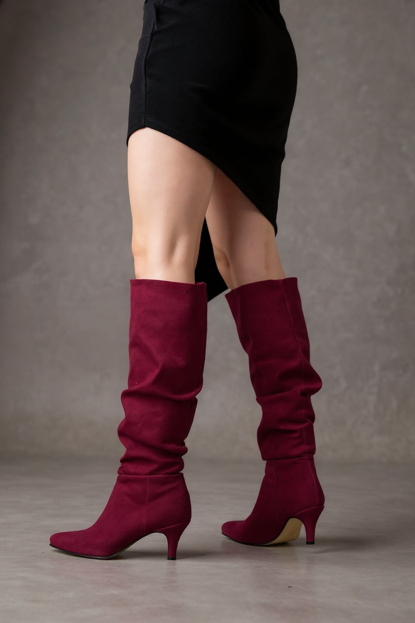 Aybin Bordo Süet Körüklü İnce Topuklu Kadın Çizme