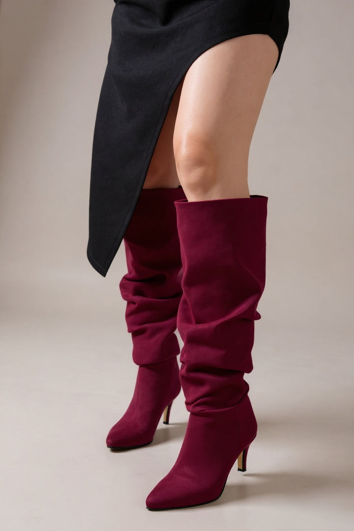 Aybin Bordo Süet Körüklü İnce Topuklu Kadın Çizme