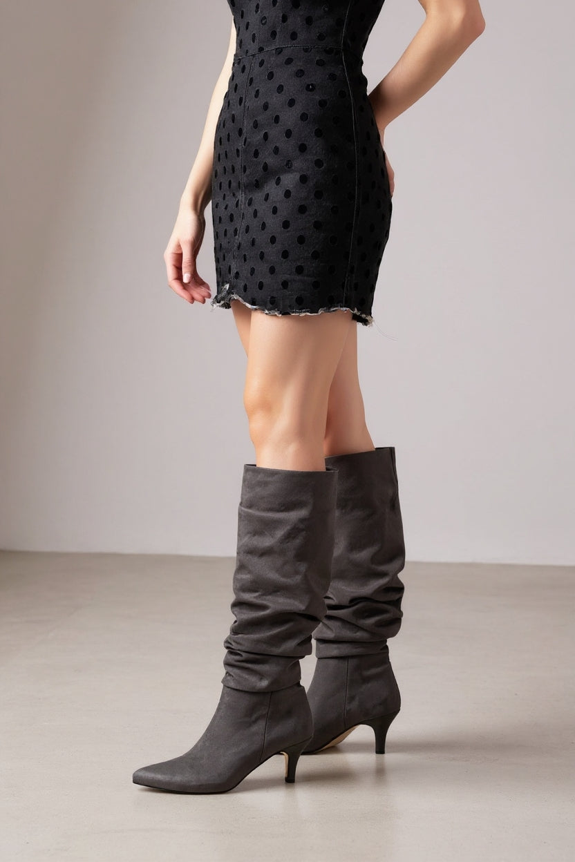 Aybin Gri Süet Körüklü İnce Topuklu Kadın Çizme
