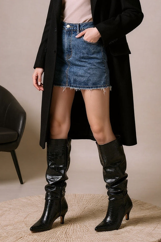 Aybin Siyah Kroko Körüklü İnce Topuklu Kadın Çizme