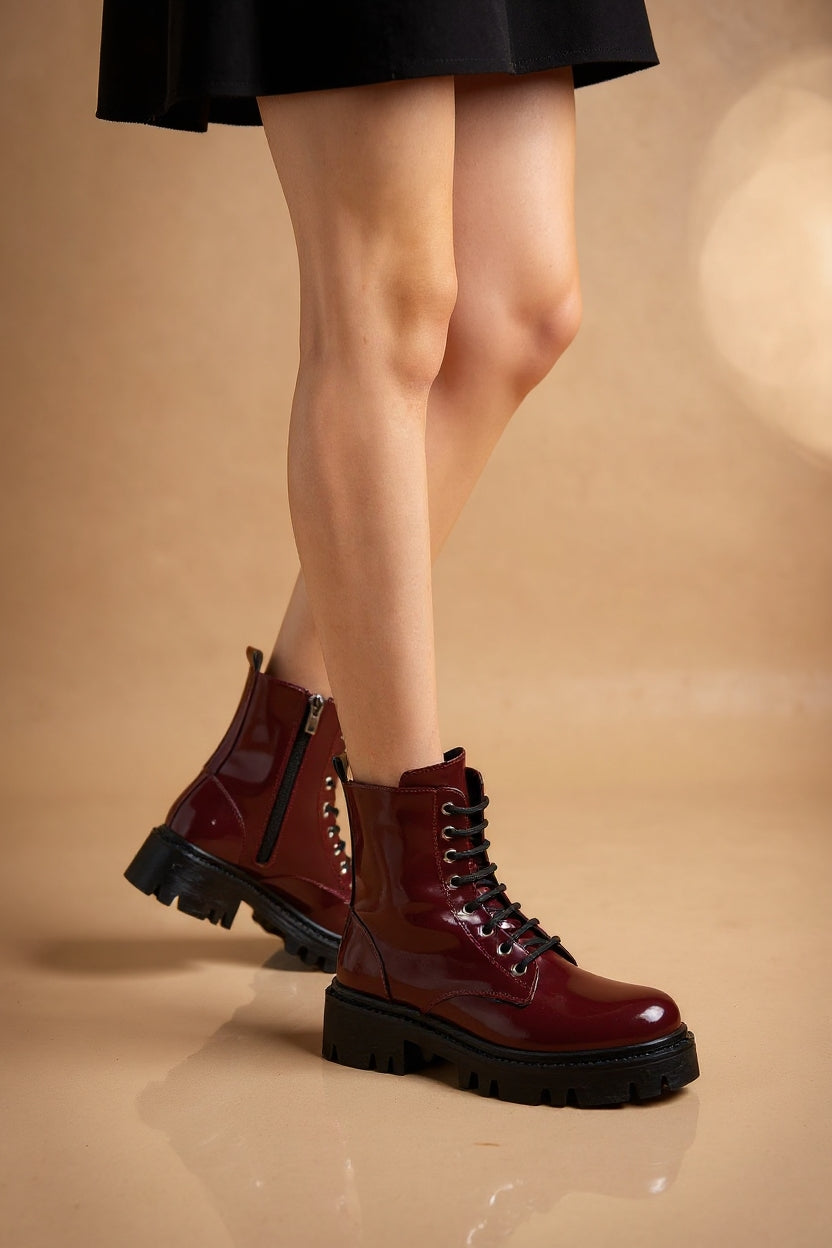 Belcan Bordo Rugan Bağcıklı Fermuarlı Kadın Bot