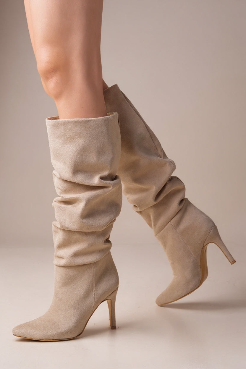 Benan Bej Süet Körüklü İnce Topuklu Kadın Çizme