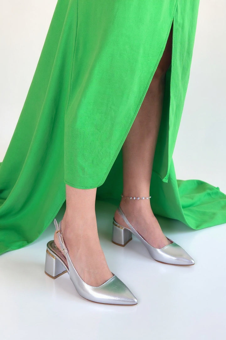 Buant Kadın Gümüş Slingback Kalın Topuklu Ayakkabı