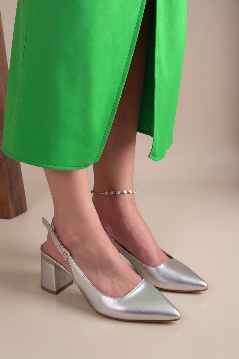 Buant Kadın Gümüş Slingback Kalın Topuklu Ayakkabı