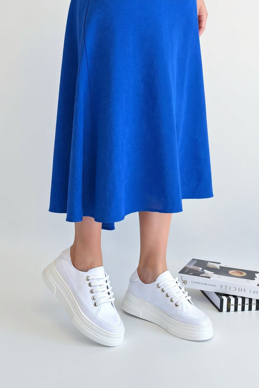 Carin Kadın Beyaz Keten Bağcıklı Spor Ayakkabı