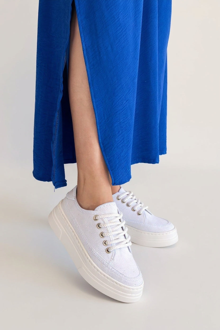 Carin Kadın Beyaz Keten Bağcıklı Spor Ayakkabı