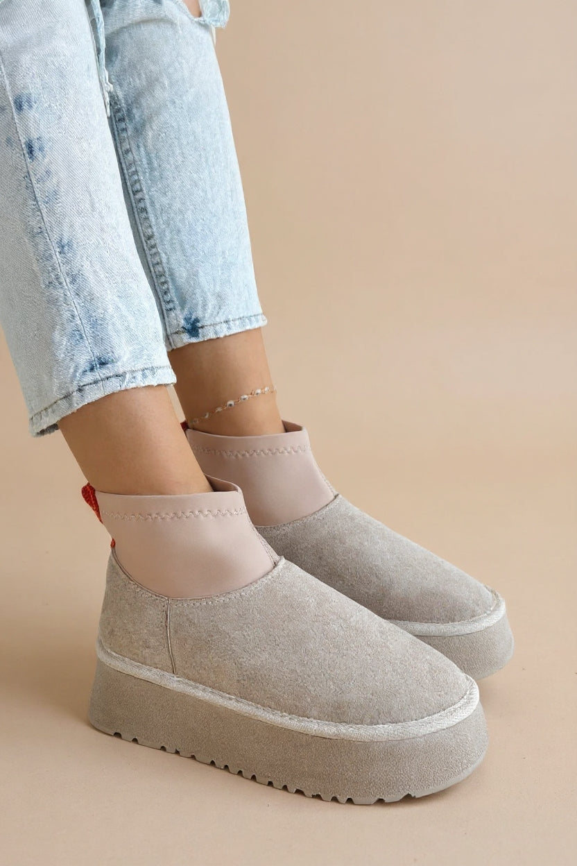 Cuen Kadın Bej Streç Boğazlı Kürklü Süet Bot