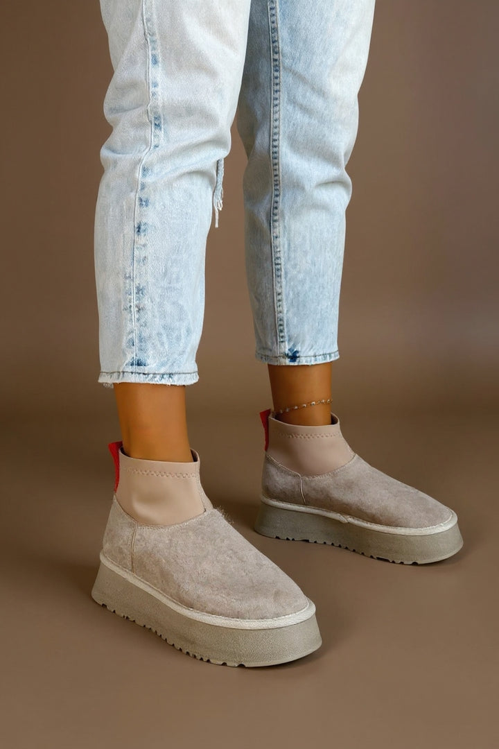 Cuen Kadın Bej Streç Boğazlı Kürklü Süet Bot