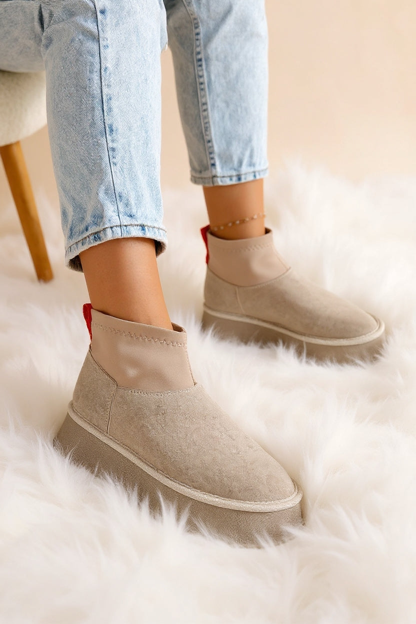 Cuen Kadın Bej Streç Boğazlı Kürklü Süet Bot