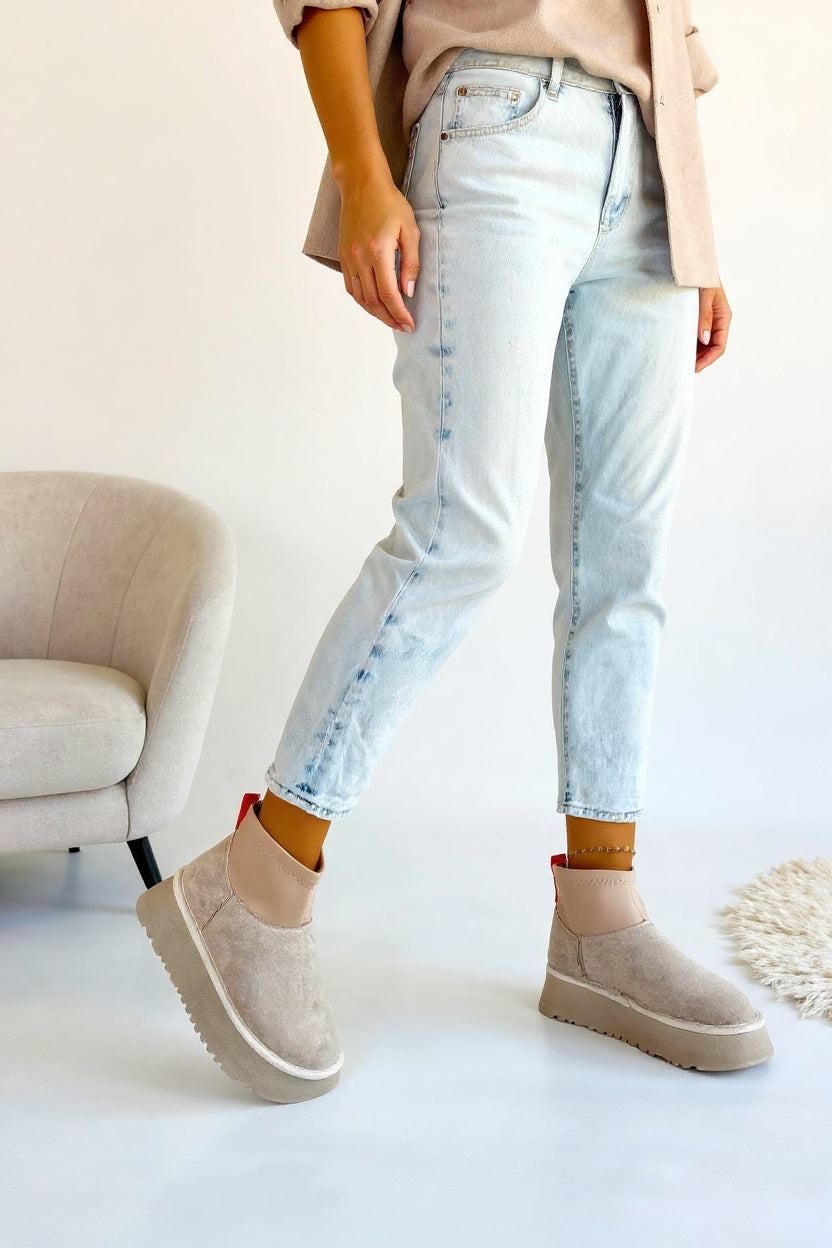 Cuen Kadın Bej Streç Boğazlı Kürklü Süet Bot