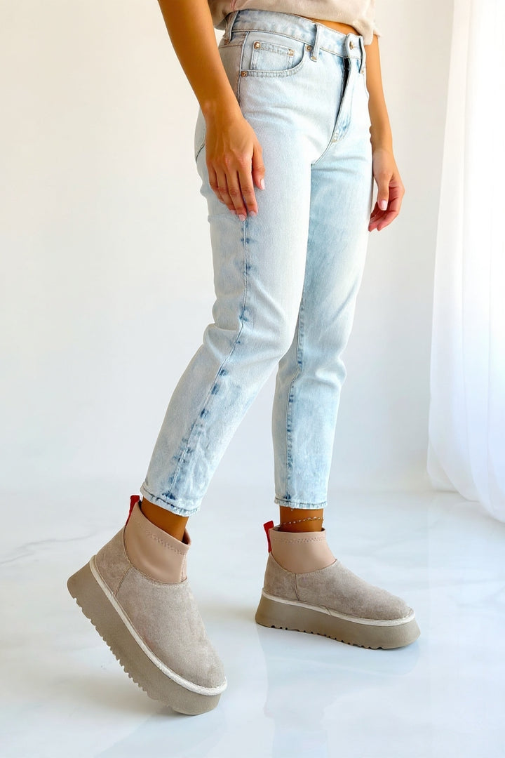 Cuen Kadın Bej Streç Boğazlı Kürklü Süet Bot