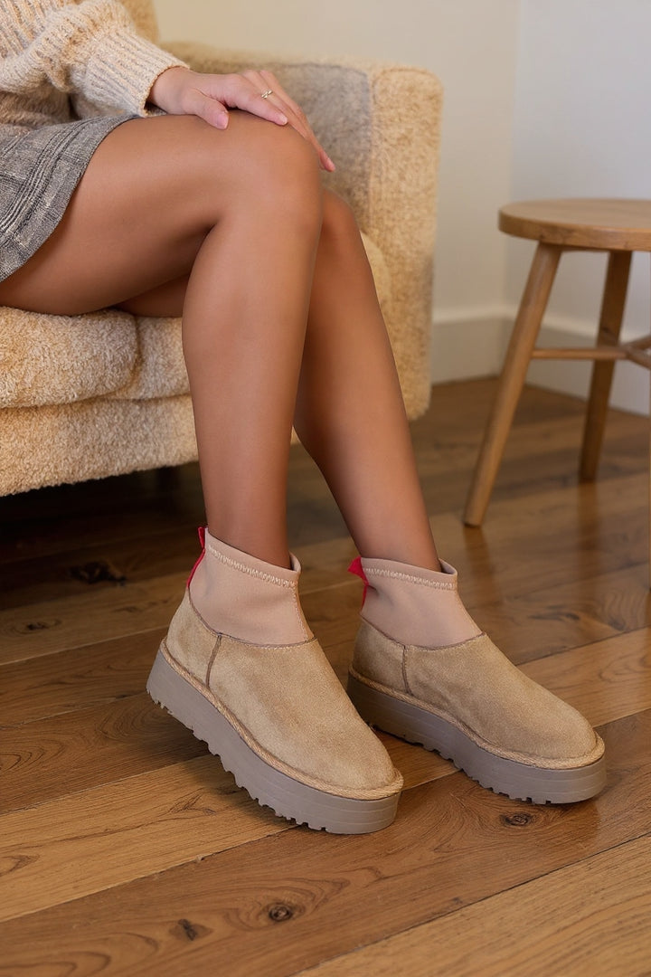 Cuen Kadın Nude Streç Boğazlı Kürklü Süet Bot