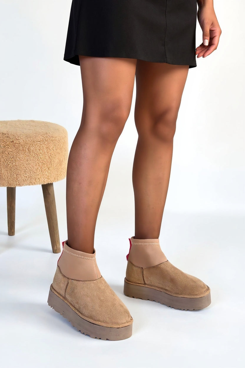 Cuen Kadın Nude Streç Boğazlı Kürklü Süet Bot