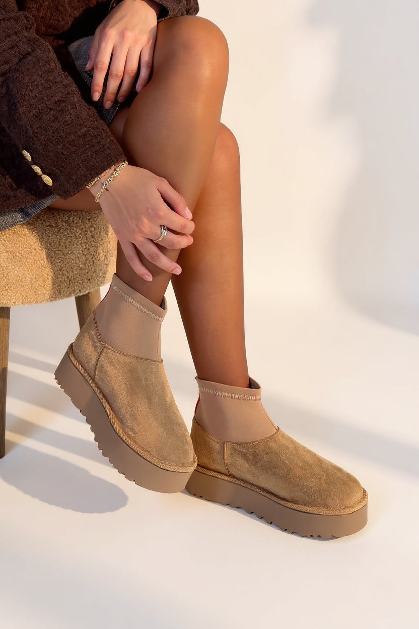 Cuen Kadın Nude Streç Boğazlı Kürklü Süet Bot