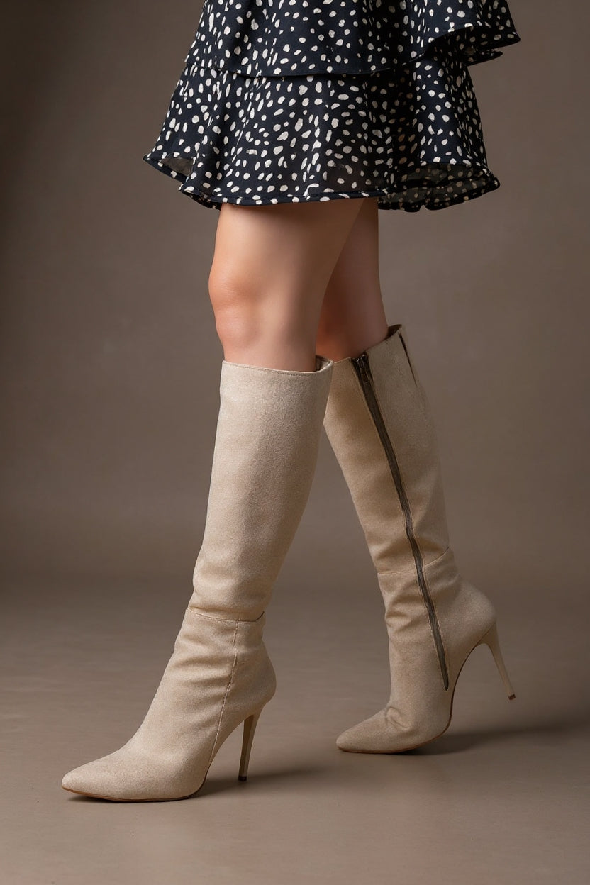Diayen Bej Süet Fermuarlı Lastikli İnce Yüksek Topuklu Kadın Çizme