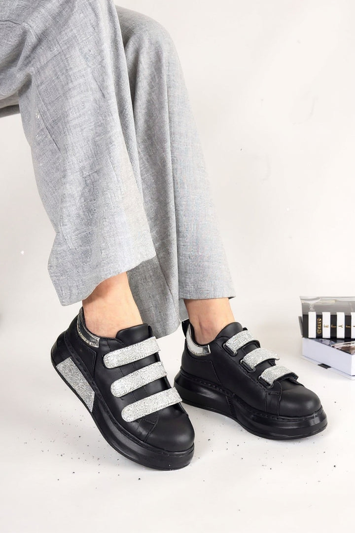 Elika Kadın Siyah Simli Cırt Cırtlı Spor Ayakkabı