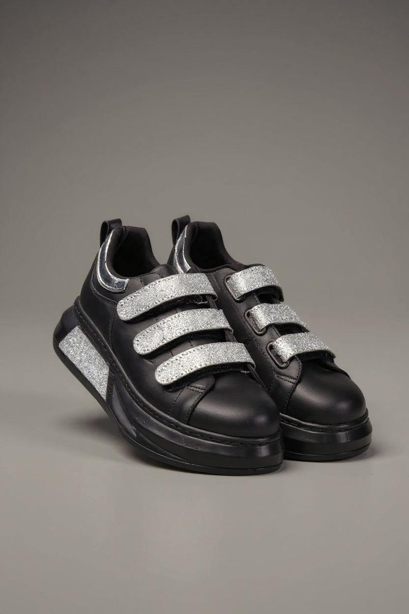 Elika Kadın Siyah Simli Cırt Cırtlı Spor Ayakkabı