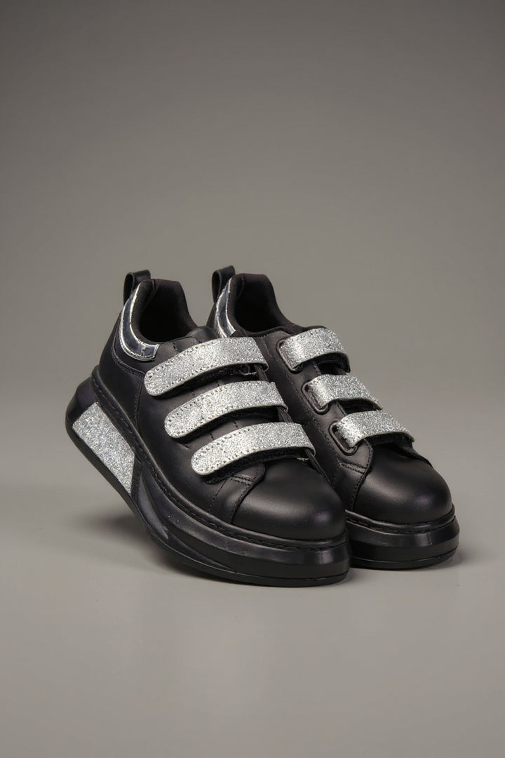 Elika Kadın Siyah Simli Cırt Cırtlı Spor Ayakkabı