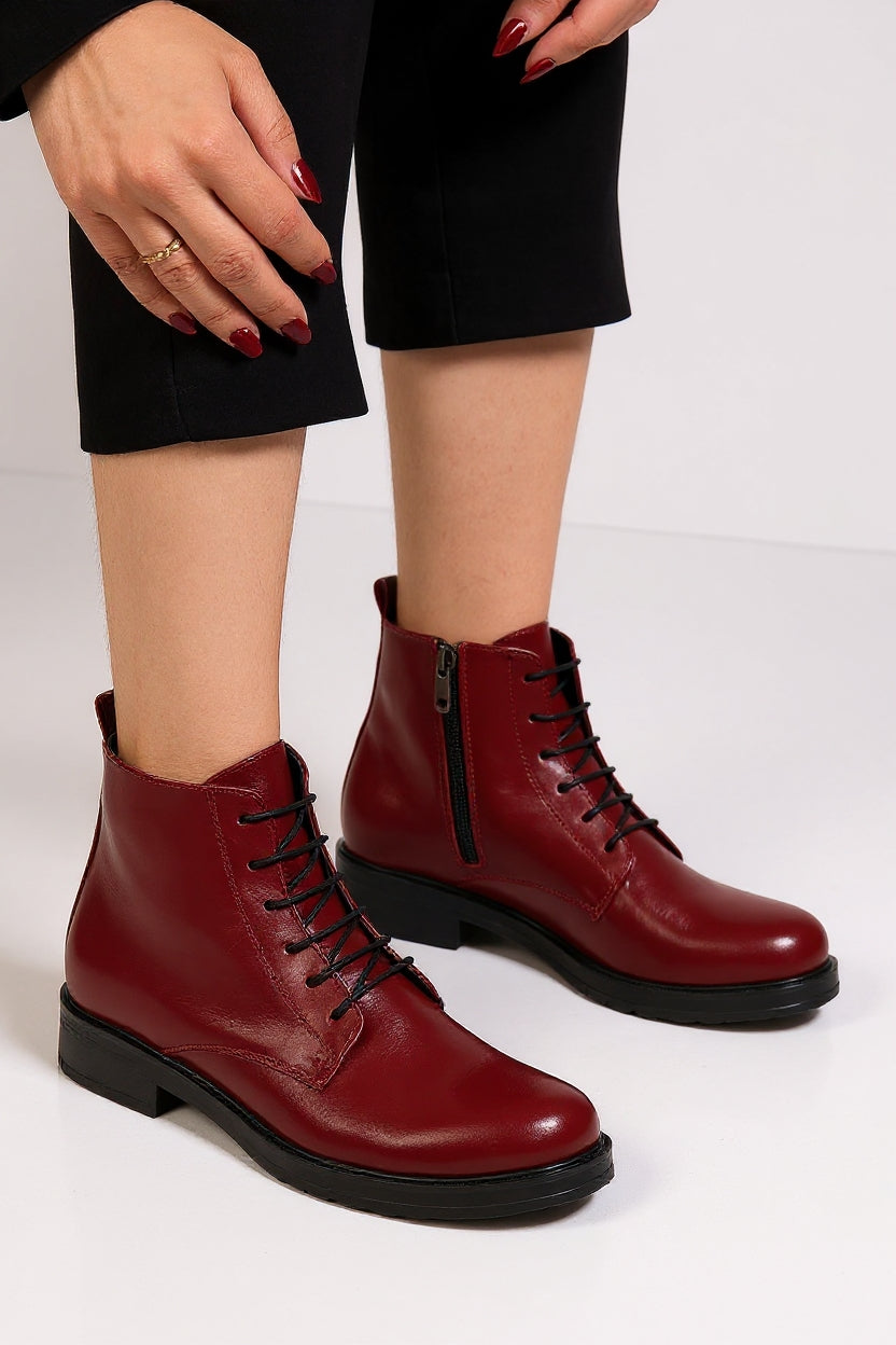 Garsu Bordo Yanki Bağcıklı Fermuarlı Kadın Bot