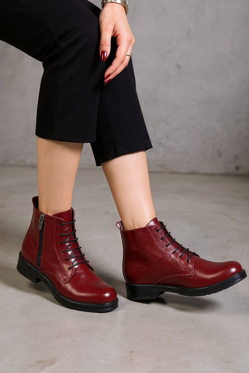 Garsu Bordo Yanki Bağcıklı Fermuarlı Kadın Bot