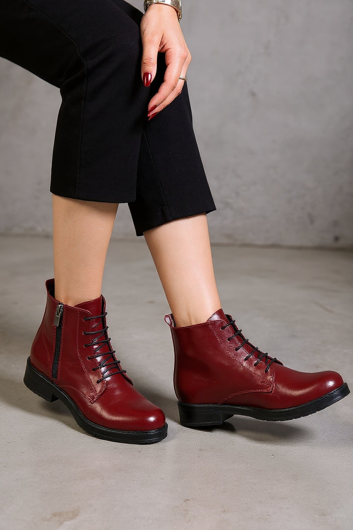 Garsu Bordo Yanki Bağcıklı Fermuarlı Kadın Bot