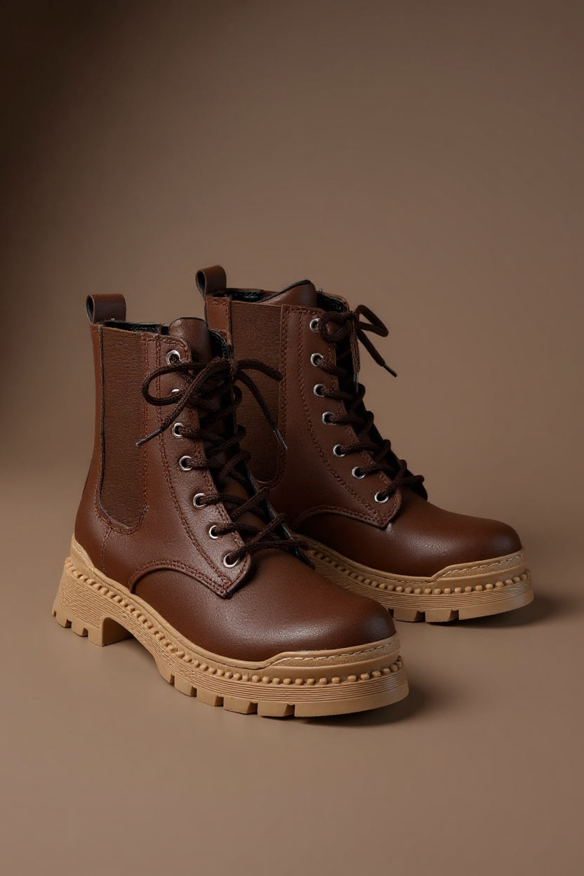 Hendy Kahverengi Düz Topuklu Bağcıklı Lastikli Kadın Bot