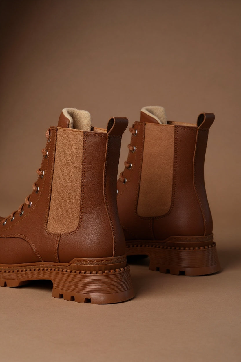 Hendy Taba Düz Topuklu Bağcıklı Lastikli Kadın Bot