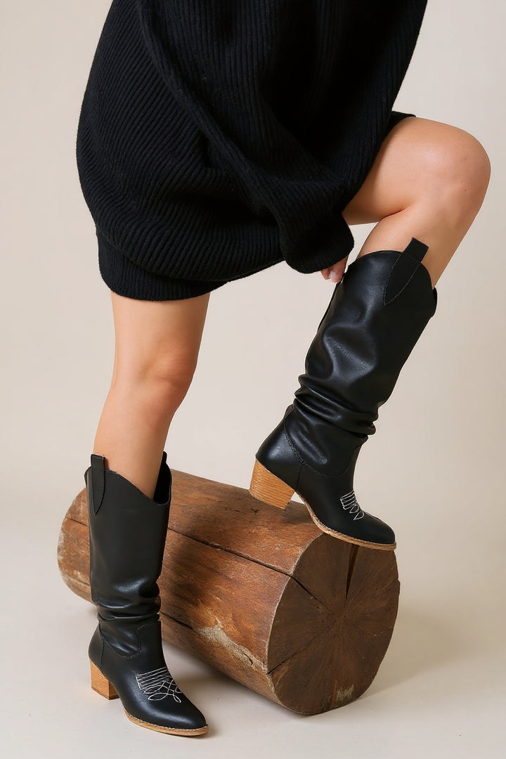 Jeoni Kadın Siyah Kovboy Körüklü Topuklu Çizme