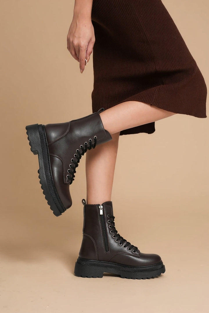 Karma Özel Tasarım Kışlık Acı Kahve Kalın Tabanlı Kadın Bot