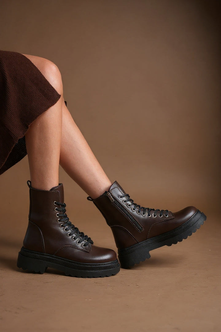 Karma Özel Tasarım Kışlık Acı Kahve Kalın Tabanlı Kadın Bot