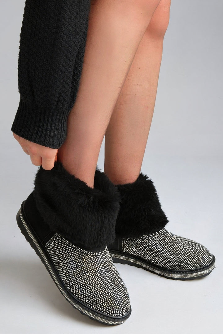 Linka Kadın Siyah Süet Gümüş Boncuk İşlemeli Bot