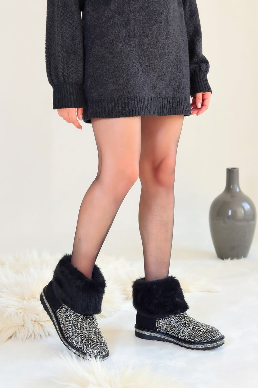 Linka Kadın Siyah Süet Gümüş Boncuk İşlemeli Bot