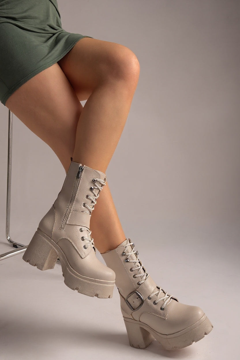 Linma Kadın Bej Tokalı Bağcıklı Topuklu Bot