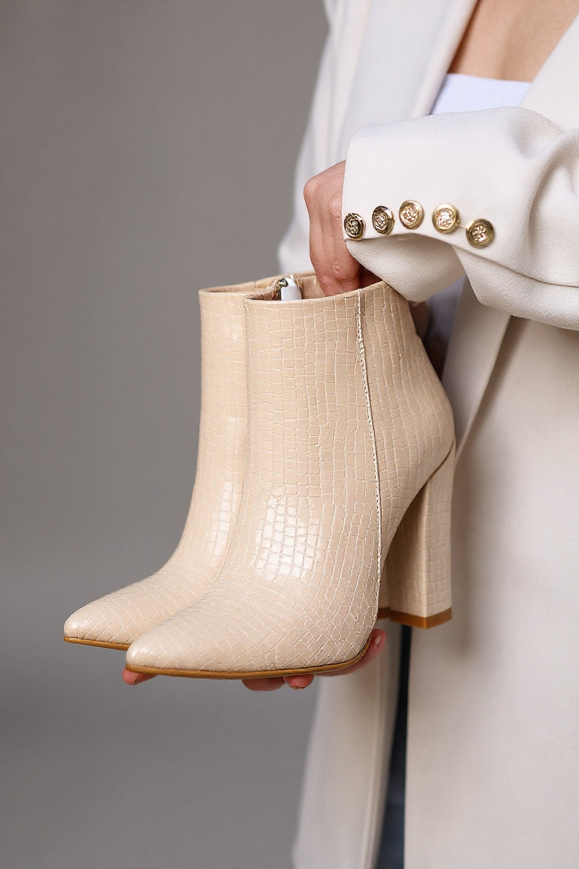 Loora Kadın Ten Kroko Desenli Topuklu Bot