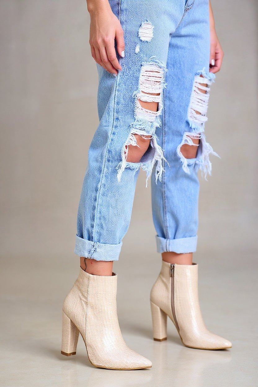 Loora Kadın Ten Kroko Desenli Topuklu Bot