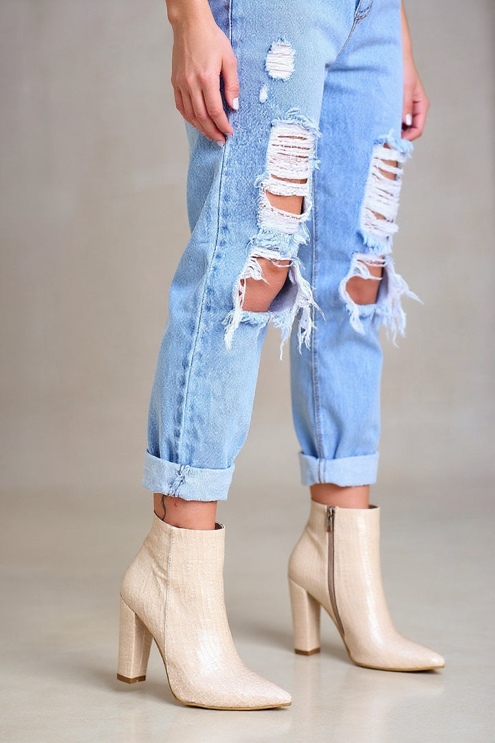 Loora Kadın Ten Kroko Desenli Topuklu Bot