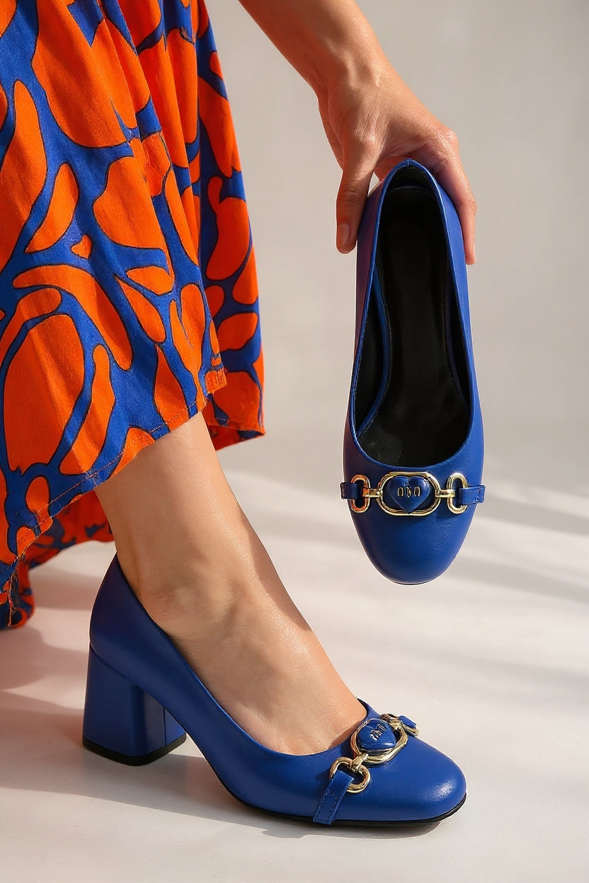 Lucky Kadın Mavi Kapalı Burun Kalın Topuklu Ayakkabı