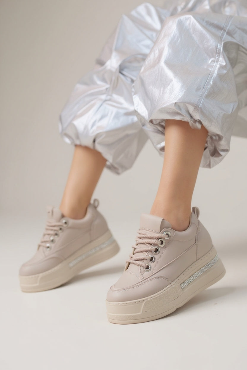 Lulu Kadın Bej Gizli Topuklu Bağcıklı Spor Ayakkabı