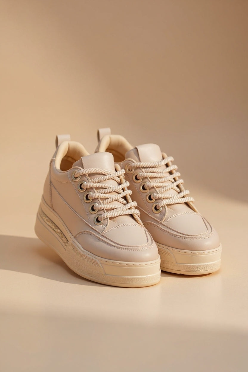 Lulu Kadın Bej Gizli Topuklu Bağcıklı Spor Ayakkabı