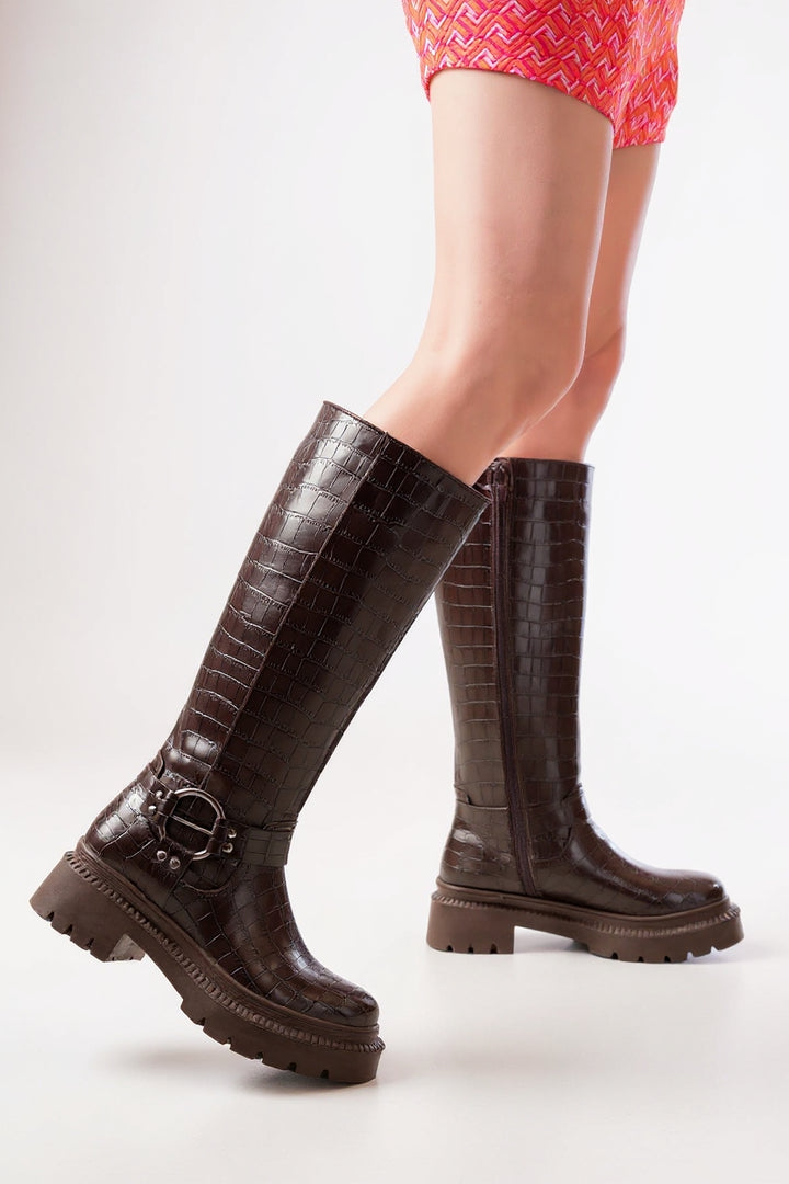 Lyord Kahverengi Kroko Fermuarlı Kadın Çizme