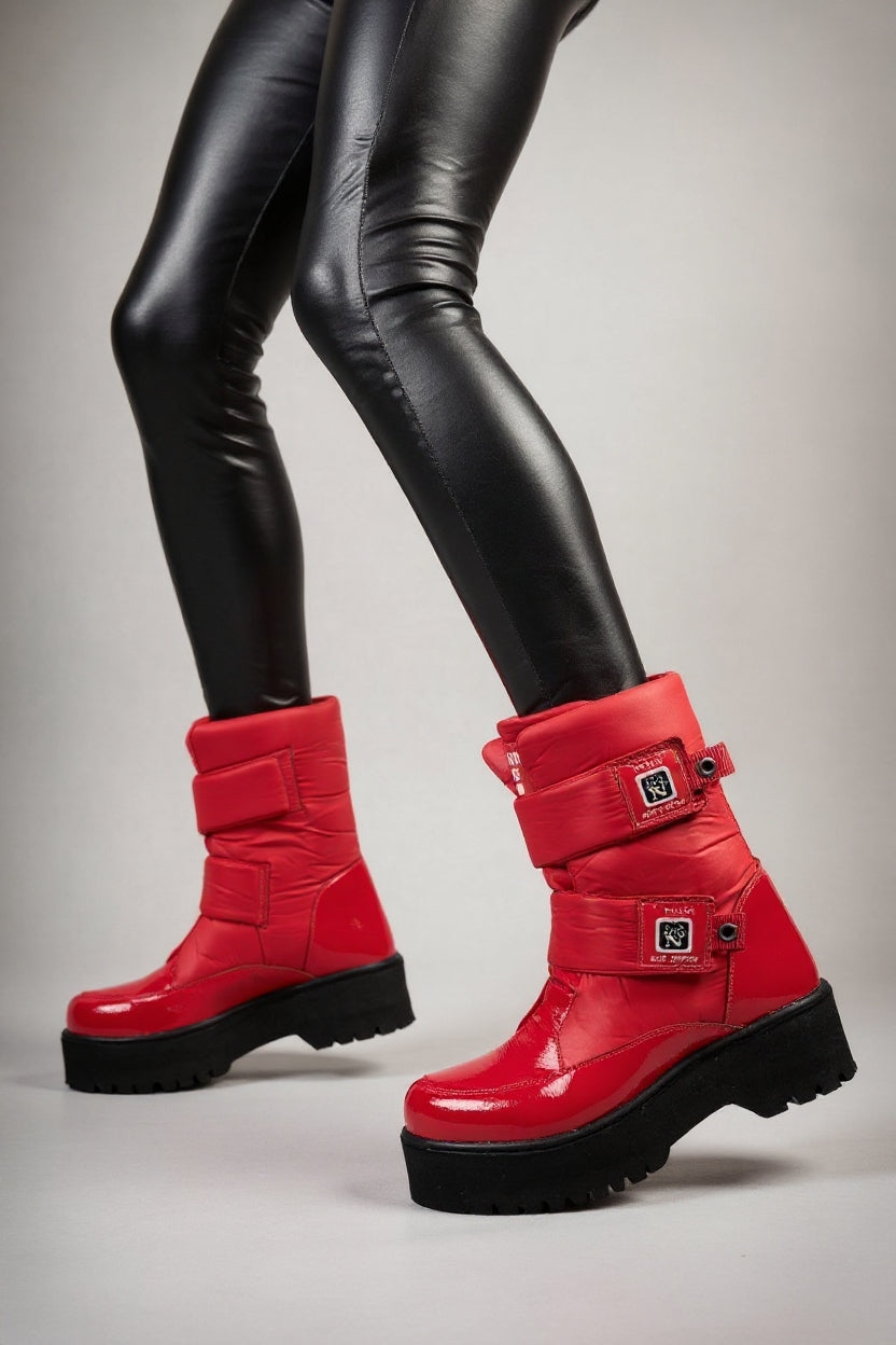 Masah Kadın Kırmızı Rugan Cırt Cırtlı Kar Botu