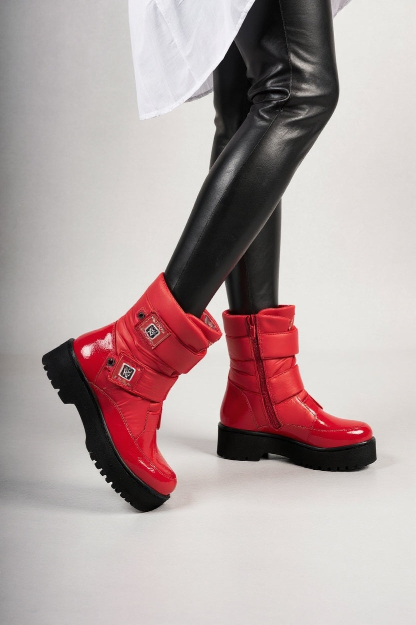 Masah Kadın Kırmızı Rugan Cırt Cırtlı Kar Botu