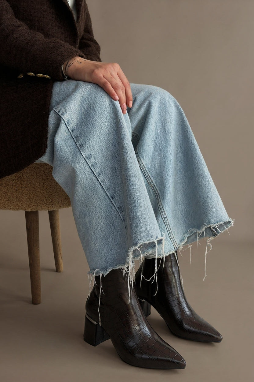 Meça Kadın Kahverengi Kroko Desenli Topuklu Bot