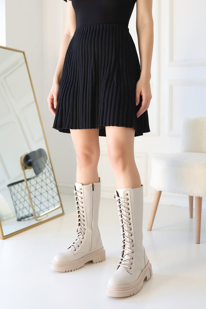 Menad Kadın Bej Bağcıklı Diz Altı Çizme