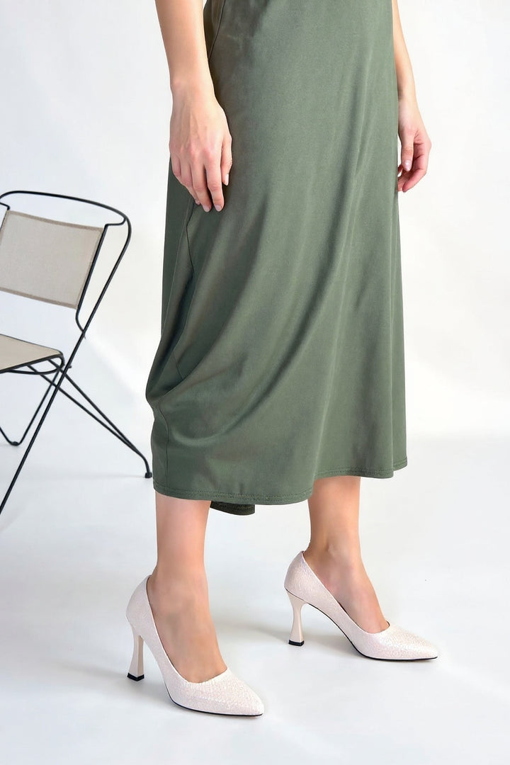 Merio Kadın Bej Baskılı Kapalı Burun Topuklu Ayakkabı